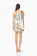 Clementina One Shoulder Mini Dress in Multi Floral with sash & bow detail and open back front shot