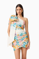 Clementina One Shoulder Mini Dress in Multi Floral with sash & bow detail close up shot