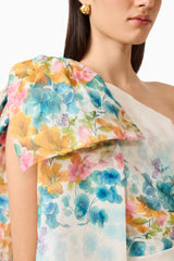 Clementina One Shoulder Mini Dress in Multi Floral with sash & bow detail detail shot