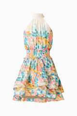 Clementina Halter Mini Dress in Multi Floral with a tiered skirt and printed georgette fabrication ghost shot