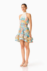 Clementina Halter Mini Dress in Multi Floral with a tiered skirt and printed georgette fabrication side shot