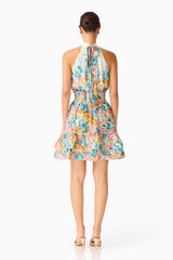 Clementina Halter Mini Dress in Multi Floral with a tiered skirt, printed georgette fabrication and back tie back shot