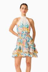 Clementina Halter Mini Dress in Multi Floral with a tiered skirt and printed georgette fabrication close up shot
