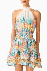 Clementina Halter Mini Dress in Multi Floral with a tiered skirt and printed georgette fabrication detail shot