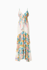Clementina Ruffle Maxi Dress in Multi Floral with v-neckline & tiered ruffle skirt ghost shot