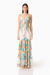 Clementina Ruffle Maxi Dress in Multi Floral with v-neckline & tiered ruffle skirt front shot