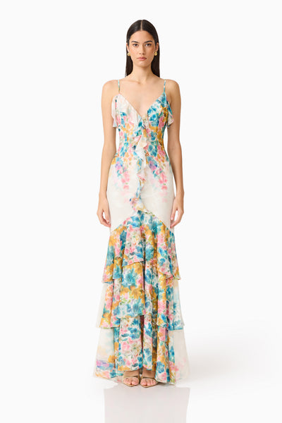 elliatt ruffled a line dress Clementina Ruffle Maxi in Multi Floral making it easy to