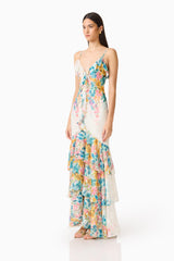 Clementina Ruffle Maxi Dress in Multi Floral with v-neckline & tiered ruffle skirt side shot
