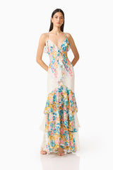 Clementina Ruffle Maxi Dress in Multi Floral with v-neckline & tiered ruffle skirt posed hands on hips shot