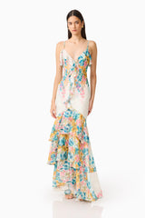 Clementina Ruffle Maxi Dress in Multi Floral with v-neckline & tiered ruffle skirt posed shot