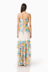 Clementina Ruffle Maxi Dress in Multi Floral with back zipper & tiered ruffle skirt back shot