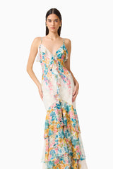 Clementina Ruffle Maxi Dress in Multi Floral with v-neckline & tiered ruffle skirt close up shot