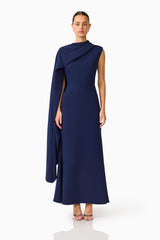 Leonara Asymmetric Cape Maxi Dress in Deep Navy with high neckline front shot