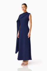 Leonara Asymmetric Cape Maxi Dress in Deep Navy with high neckline side shot