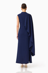 Leonara Asymmetric Cape Maxi Dress in Deep Navy with back zipper back shot
