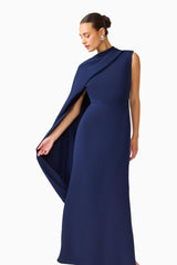 Leonara Asymmetric Cape Maxi Dress in Deep Navy with high neckline close up shot