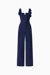 Leonara Sleeveless Jumpsuit in Deep Navy with floral appliques and a belt ghost shot