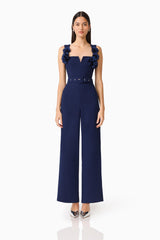 Leonara Sleeveless Jumpsuit in Deep Navy with floral appliques and a belt front shot