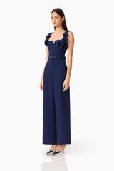 Leonara Sleeveless Jumpsuit in Deep Navy with floral appliques and a belt side shot