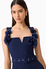 Leonara Sleeveless Jumpsuit in Deep Navy with floral appliques and a belt detail shot