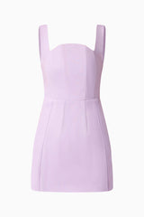 Blonde model wearing Alina Corset Mini Dress in Purple ghost imagery