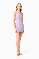 Blonde model wearing Alina Corset Mini Dress in Purple posed shot