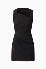 Brunette model wearing Alina Asymmetrical Mini Dress in Black ghost imagery