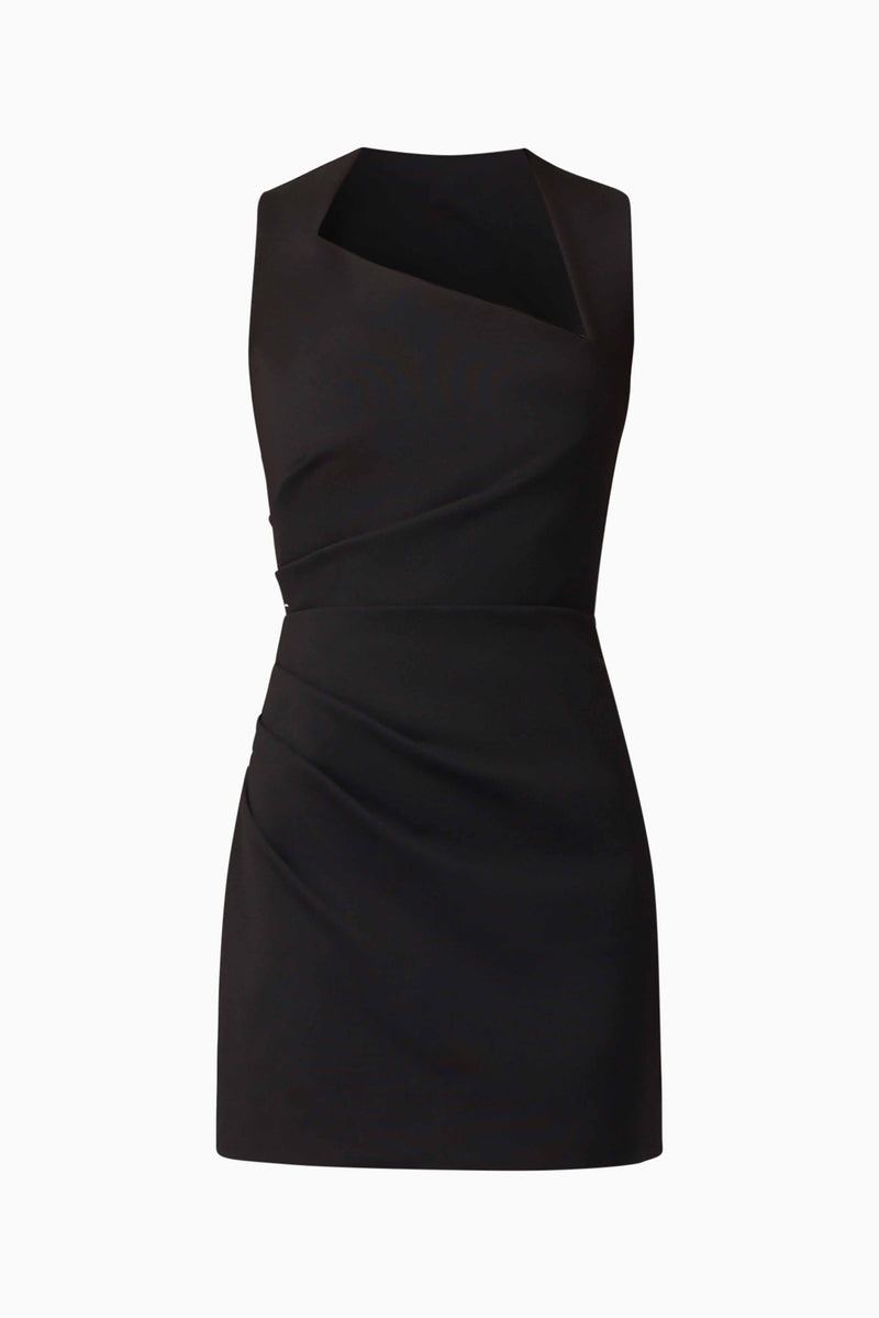 Brunette model wearing Alina Asymmetrical Mini Dress in Black ghost imagery