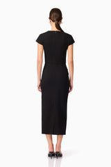 Brunette model wearing the Alina Fitted Midi Dress in Black back shot