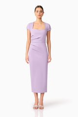 Brunette model wearing Alina Fitted Midi Dress in Purple front shot