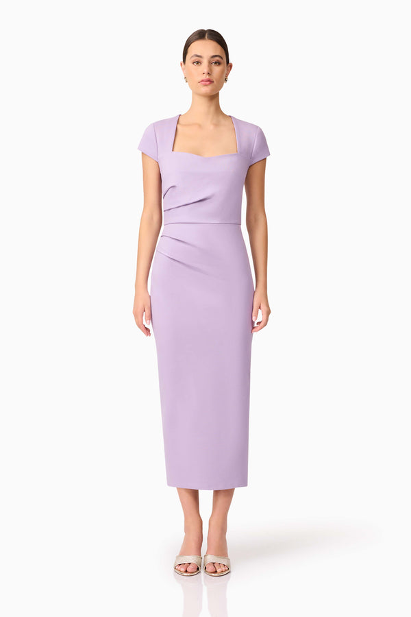 Brunette model wearing Alina Fitted Midi Dress in Purple front shot