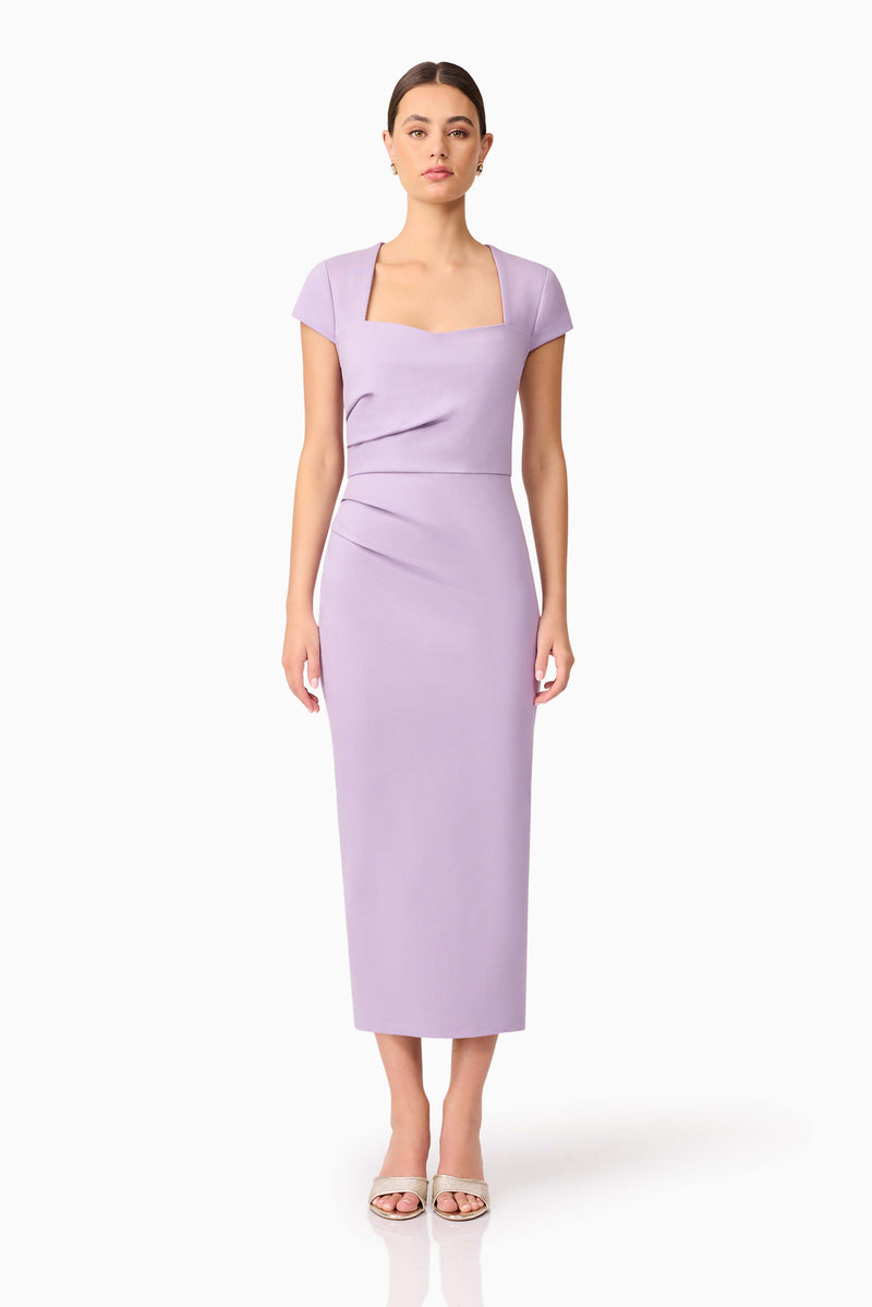 Brunette model wearing Alina Fitted Midi Dress in Purple front shot