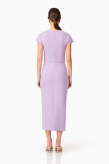 Brunette model wearing Alina Fitted Midi Dress in Purple back shot