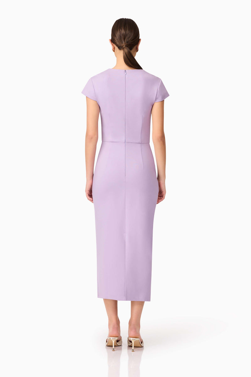 Brunette model wearing Alina Fitted Midi Dress in Purple back shot