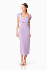 Brunette model wearing Alina Fitted Midi Dress in Purple posed looking away shot