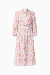 Blonde model wearing Ines Midi Shirt Dress in Purple Floral front ghost imagery