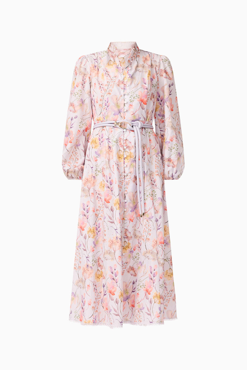 Blonde model wearing Ines Midi Shirt Dress in Purple Floral front ghost imagery