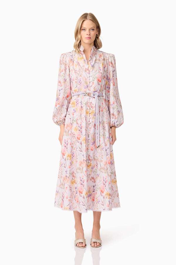 Blonde model wearing Ines Midi Shirt Dress in Purple Floral  front shot