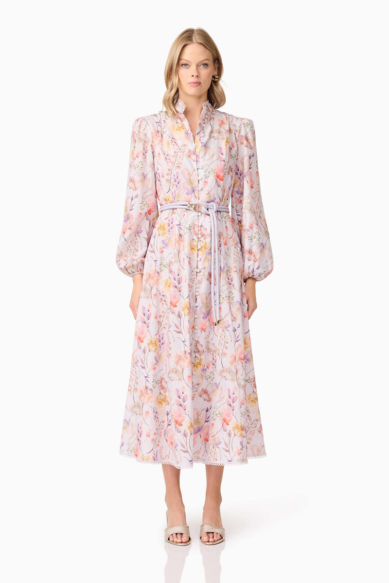 Blonde model wearing Ines Midi Shirt Dress in Purple Floral  front shot