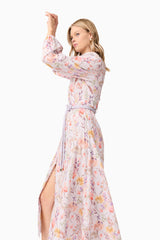Blonde model wearing Ines Midi Shirt Dress in Purple Floral  side posed shot