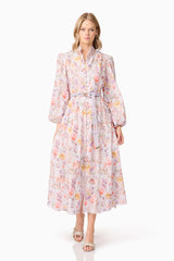 Blonde model wearing Ines Midi Shirt Dress in Purple Floral  front posed shot