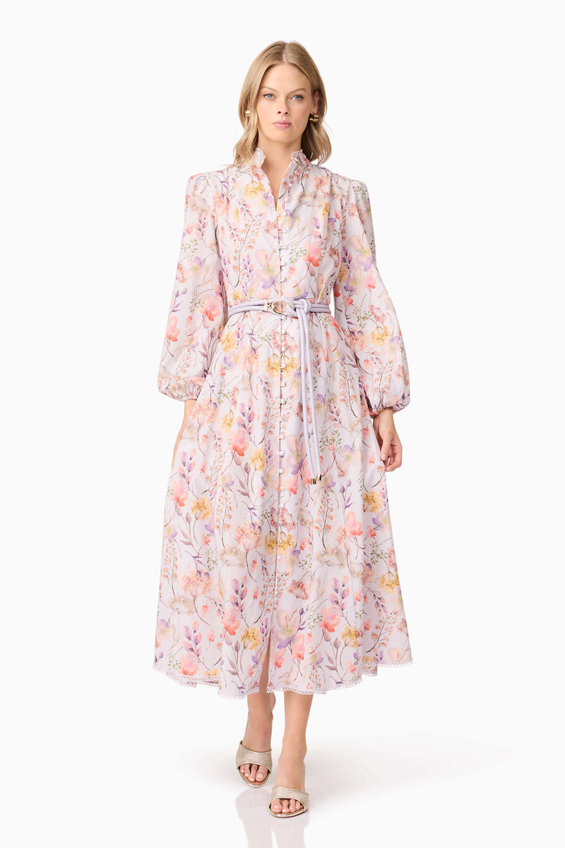 Blonde model wearing Ines Midi Shirt Dress in Purple Floral  front posed shot