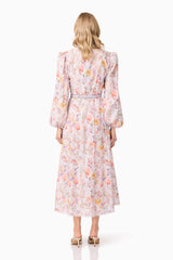Blonde model wearing Ines Midi Shirt Dress in Purple Floral back shot