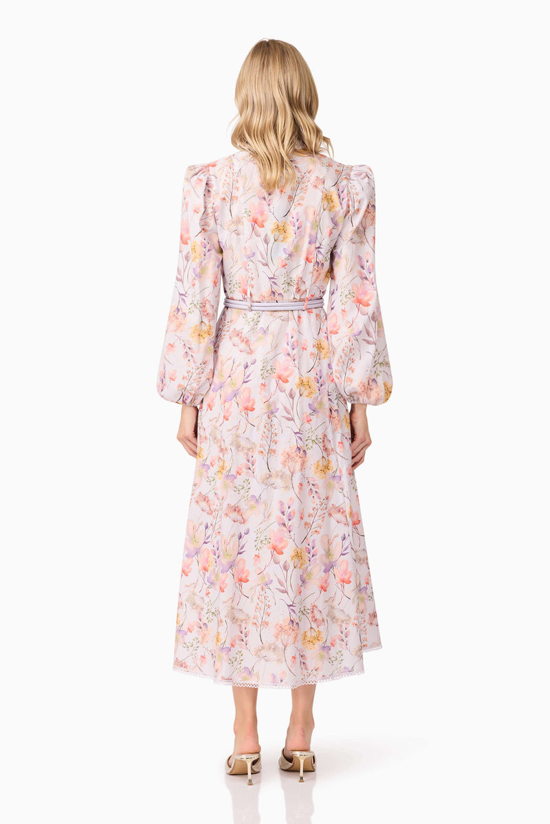 Blonde model wearing Ines Midi Shirt Dress in Purple Floral back shot
