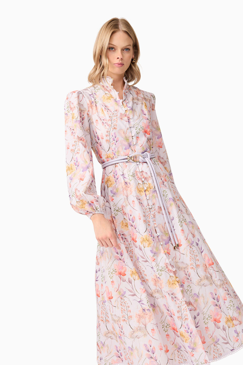Blonde model wearing Ines Midi Shirt Dress in Purple Floral  close up shot