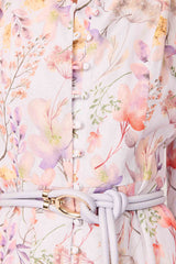 Blonde model wearing Ines Midi Shirt Dress in Purple Floral front detail shot