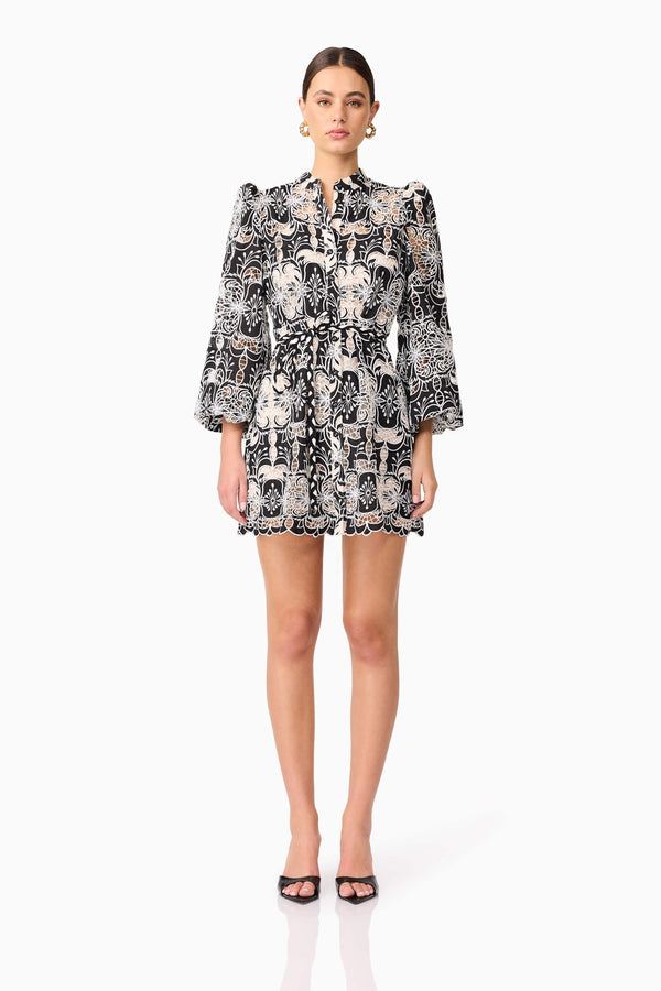 Brunette model wearing Jolie Long Sleeve Mini Dress in Black front shot