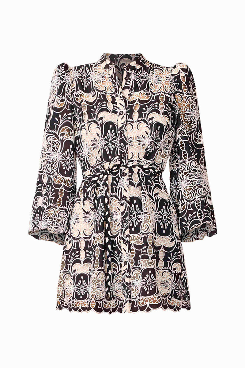 Brunette model wearing Jolie Long Sleeve Mini Dress in Black ghost imagery
