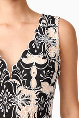 Brunette model wearing Jolie Floral Mini Dress in Black detail shot