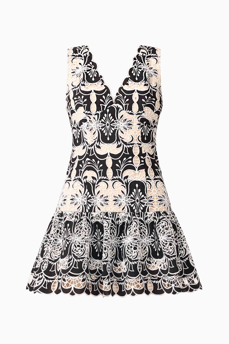Brunette model wearing Jolie Floral Mini Dress in Black ghost imagery